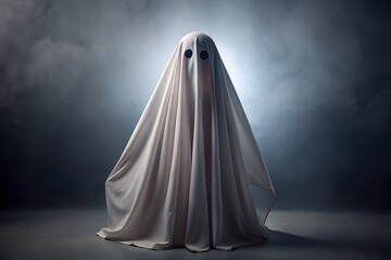 Spooky Ghost Figure Covered in White Sheet Standing in Dark Room