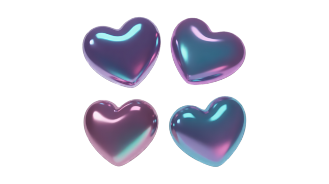Four iridescent holographic hearts metallic glossy image