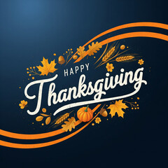 Happy Thanksgiving Typography with Autumn Leaves, Pumpkin, and Harvest Elements