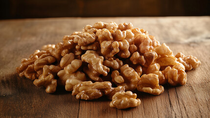 Obraz premium Close-up photograph of a pile of freshly shelled walnuts on a rustic wooden table. The rich texture and natural brown tones are highlighted in soft lighting.