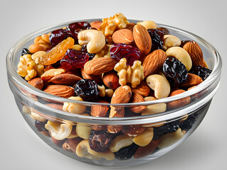 Premium studio shot showing Bowl of mixed nuts and dried fruit for healthy snack food nutrition isolated on transparent background, satin gloss loops with crisp edges, studio product photo on a clean