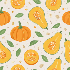 Hand-drawn vintage style illustration of butternut squash with seeds and green leaves. Minimal retro design, muted colors, perfect for food, farming, and organic themed projects