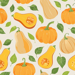 Hand-drawn vintage style illustration of butternut squash with seeds and green leaves. Minimal retro design, muted colors, perfect for food, farming, and organic themed projects