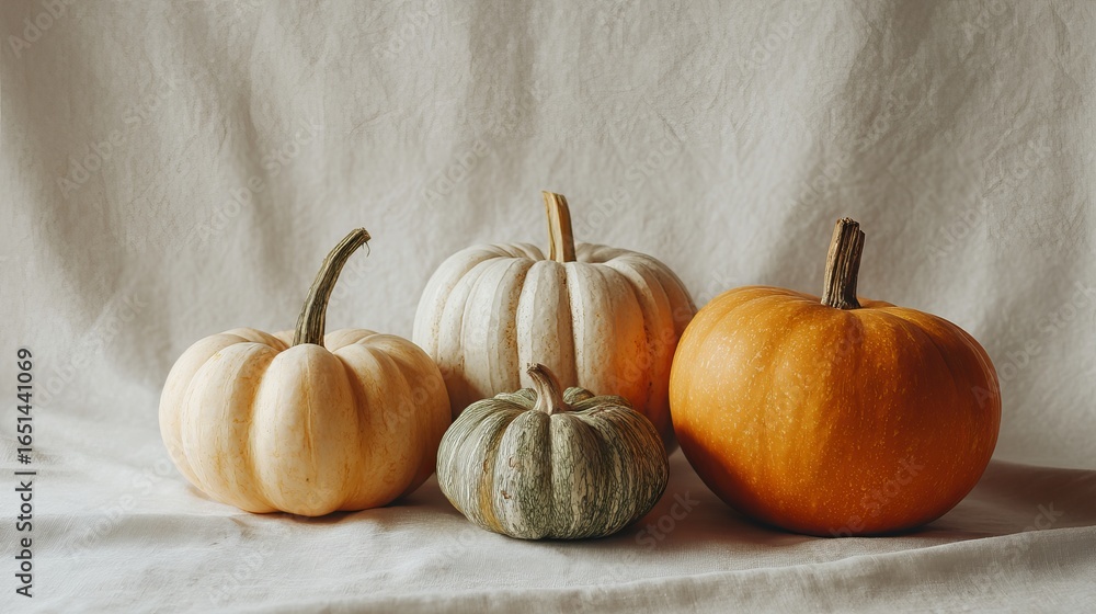 Poster assorted pumpkins in various colors and sizes arranged on a soft fabric surface, showcasing the beau