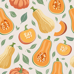 Hand-drawn vintage style illustration of butternut squash with seeds and green leaves. Minimal retro design, muted colors, perfect for food, farming, and organic themed projects