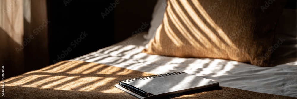 Poster notebook resting on a bed with soft shadows and warm light creating a cozy atmosphere in a quiet roo