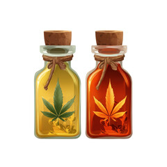 Two bottles of marijuana oil surrounded by green marijuana leaves, isolated on transparent background
