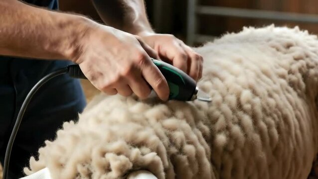The shearer smoothly trims the woolen fleece of a sheep.