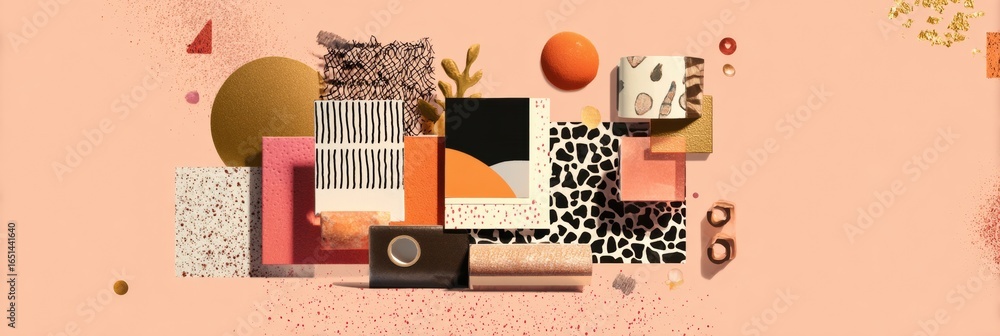 Poster abstract collage featuring geometric shapes and textures on a pink background with various colors an