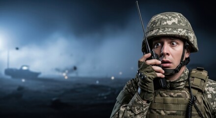 Caucasian male soldier in camouflage army uniform holds a radio communication device during a military operation with war background