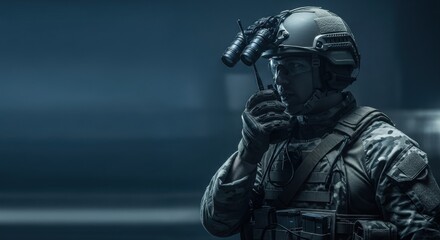Fototapeta premium Soldier in tactical gear holding a radio, wearing night vision goggles. Military operations and security concept for defense.