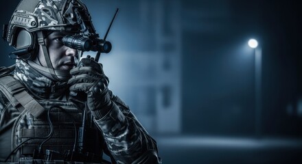 Man soldier in camouflage uniform and night vision goggles using a radio. Tactical military operations and communication concept.