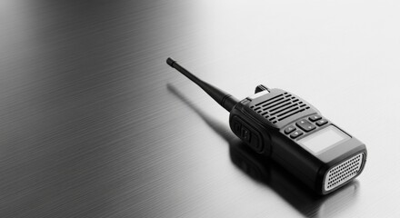 Black two way radio or walkie talkie. Communication device for military and emergency. Control radio system on metal surface.