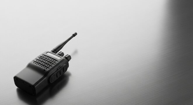 Black two way radio or walkie talkie on a metal surface. Military communication device concept for tactical planning.