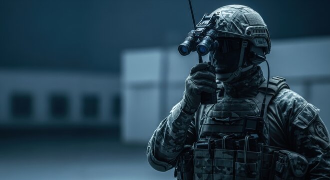 Soldier in camouflage uniform holding a radio and wearing night vision goggles. Military operations and tactical communication.