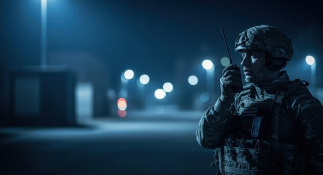 Soldier in helmet holding Walkie-talkie at night, military man communicating, army operations, war, tactical mission.
