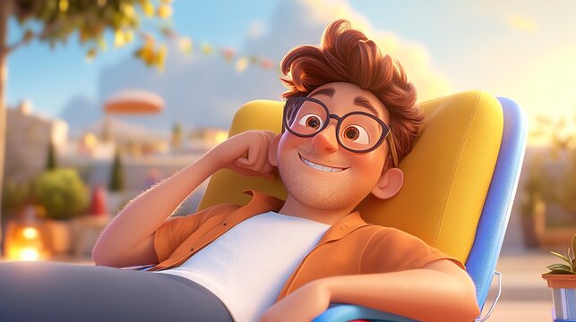 In a vibrant chair, a man with dark glasses rests.