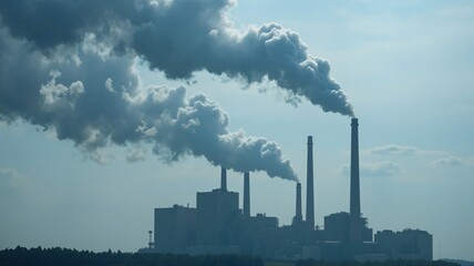 Smoke billows from multiple chimneys at a power station, creating a dense cloud against the blue sky 