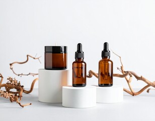 Amber Glass Bottles and Jar on White Pedestal (AI Generated)