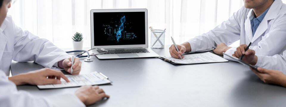 Medical science technology and futuristic healthcare virtual computer software analyze human health and diagnose disease for doctor data and medical research. brisk