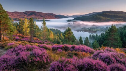 A heather foreground overlooks a misty valley with distant hills at sunrise/sunset