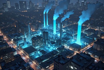 A futuristic cityscape at night, illuminated by blue lights, features towering chimneys emitting plumes of smoke and steam, creating an industrial and somewhat dystopian atmosphere