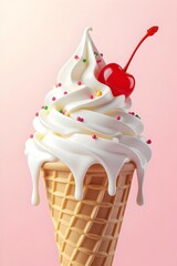 Delicious vanilla soft serve ice cream cone topped with a cherry and colorful sprinkles on a pink background, a refreshing summer treat