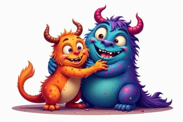 Obraz premium Cartoon monsters hug, colorful halftone, playful , playful, fantasy