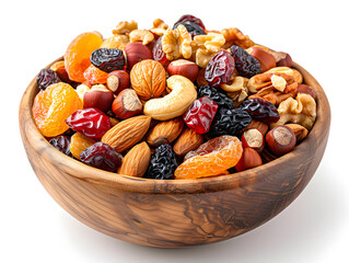 Premium studio shot showing Delicious mix of dried fruits and nuts in a wooden bowl for snacking time isolated on transparent background, satin gloss loops with crisp edges, studio product photo on a