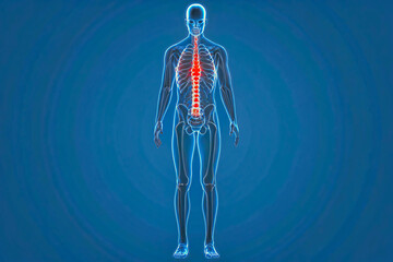 3D Human Anatomy with Highlighted Spinal Vertebrae – Medical Illustration, Transparent Human Body Visualization Showing Spine Bones in Red, Human Skeleton Anatomy with Spinal Column Highlighted – 3D M