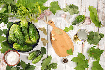 Homemade pickling recipe, cucumbers and pickling ingredients, Pickled cucumbers in jars with garlic...