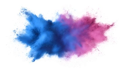 Vibrant explosion of blue and pink powder creating a dynamic, abstract cloud against a white background.