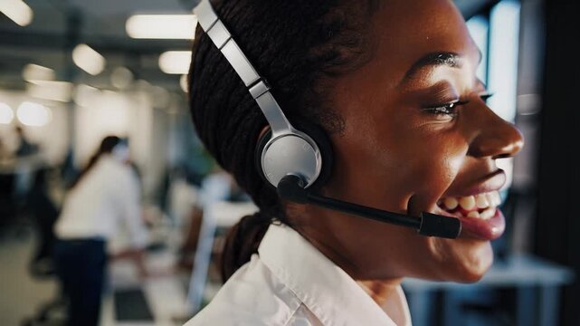 Woman wearing headset. Customer calls a headset at the customer center. Female female service environment in a professional office. A woman donning a headset lifestyle.