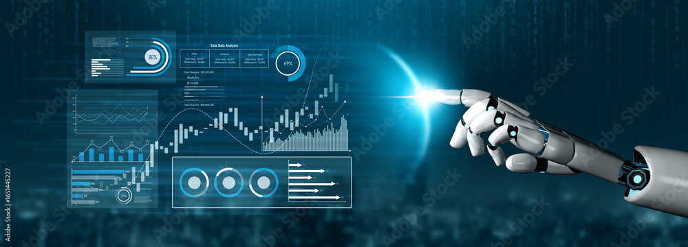 Poster ai analyzing sales data dashboard, visualizing performance metrics, detecting trends, and generating