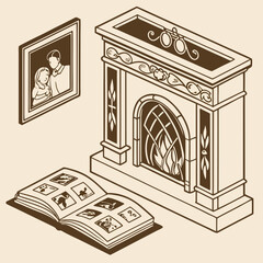 Fototapeta premium Family gatherings by the fireplace with photo album illustration concept
