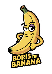 Cartoon banana sticker Boris the Banana with expressive face and playful pose, funny fruit mascot illustration isolated on transparent background