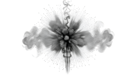 Exploding smoke puff PNG with white background, focused and clear, particles spreading outward, detailed cloud-like vapor, sharp diffusion effect, photorealistic.