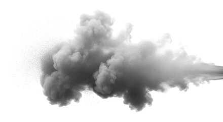 Naklejka premium Thick smoke cloud PNG on white background, concentrated burst of vapor, detailed particles, rising effect, realistic dark and light shades, sharp edges, clear definition.