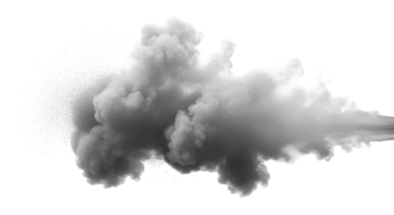 Thick smoke cloud PNG on white background, concentrated burst of vapor, detailed particles, rising effect, realistic dark and light shades, sharp edges, clear definition.