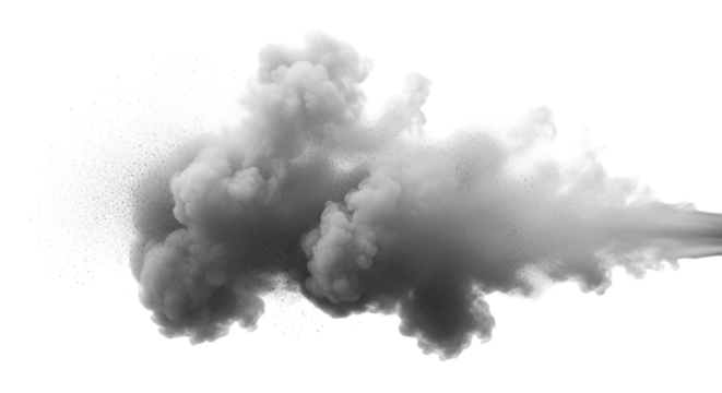 Thick smoke cloud PNG on white background, concentrated burst of vapor, detailed particles, rising effect, realistic dark and light shades, sharp edges, clear definition.