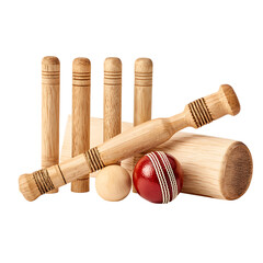 Classic wooden cricket set featuring wickets, ball, bat, and stumps for outdoor sporting enjoyment and nostalgic recreation.