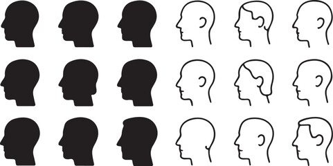 Variety of Male Head Shapes and Hair Styles in Profile Silhouette