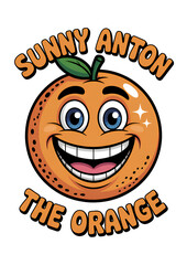 Cartoon orange sticker Sunny Anton the Orange with big smile and cheerful face, funny fruit mascot illustration isolated on transparent background