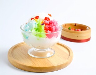 Japanese Ice Kakigori, shaved ice dessert flavored with syrup and a sweetener, often condensed milk with Smooth White Background
