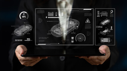 Technical layout of electric vehicle showing battery system, power control, traction motor,...