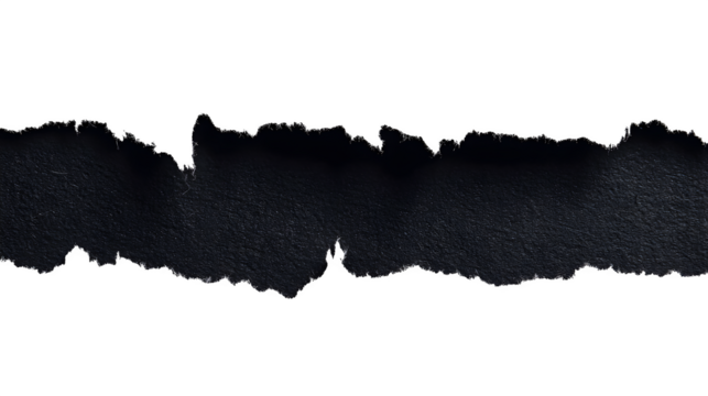 Abstract textured black torn paper edge on a stark white background
