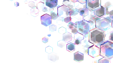 Abstract geometric shapes with iridescent colors create a futuristic and ethereal background.