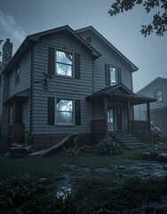 A gloomy house exterior with rain pouring down, surrounded by debris and a dark, overcast sky