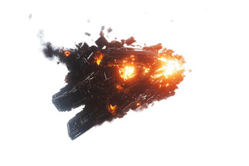 Explosive spaceship wreckage with burning components floating on transparent background