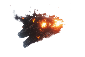 Explosive spaceship wreckage with burning components floating on transparent background